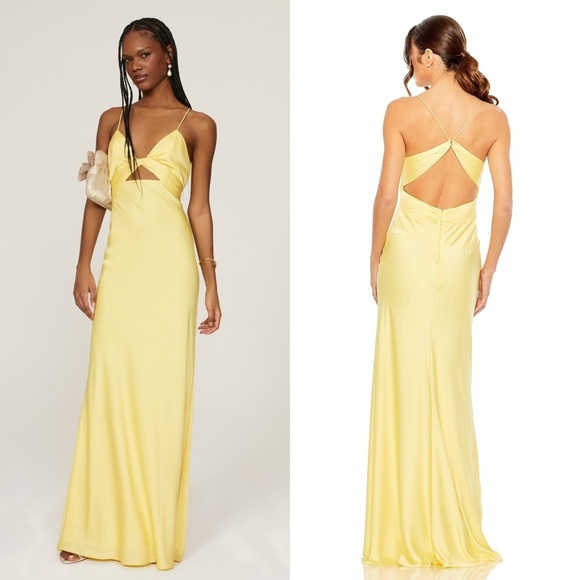 MAC DUGGAL Butter Yellow Satin Twist Front V-Neck Cutout Sleeveless Maxi Gown 16 - Picture 2 of 9